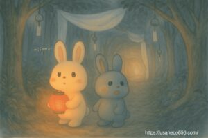 小道を歩いておばけやしきへ向かうこまちちゃんとめいたくん