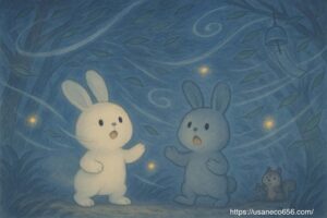 急に風がでてきて、驚くこまちちゃんとめいたくん、木の後ろに隠れて様子をみているリス兄弟