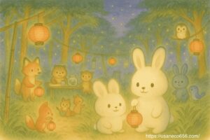 たぬき、きつね、ふくろう、小鳥、うさぎ、りすなどが広場で夏祭りの準備をする様子