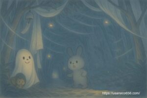 ひんやりおばけやしきの入口で様子を伺うリス兄弟とめいたくん