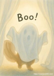 カーテンの後ろから白い布をかぶったリスのくるりがおばけ役でぬっと現れる" 