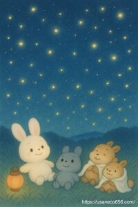 こまちちゃん（白うさぎ）、めいたくん（灰色うさぎ）、白いマントをかぶったリスの兄弟が、夏の夜の野原に仰向けに寝そべり、ホタルと星空を静かに見上げている絵本風イラスト。消灯した提灯が草のそばに置かれ、やさしい光と自然に包まれた静かなシーン。