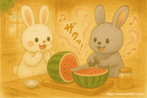 めいたくんが木のキッチンで大きなスイカをザクッと切っている。こまちちゃんが手をたたいて喜び、甘い香りが音符のように広がる。テーブルにはスイカの切り身、塩、はちみつが並ぶ。