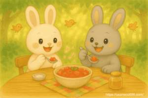 こまちちゃんとめいたくんが森のテーブルでスイカサラダをスプーンで食べている。ふたりとも笑顔で、「おいしい!」と目を輝かせている。テーブルにはカラフルなナプキンとサラダ皿がある。