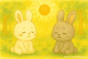 やさしの森で、強い夏の日差しの中、白うさぎのこまちちゃんと灰色うさぎのめいたくんが並んで座り、少し元気のない表情で夏バテ気味に見える様子