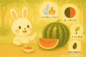 スイカの周りに「火の氣をしずめる」「赤と黒の色」「清熱効果」「タネの希望」などのアイコンが浮かび、こまちちゃんが指差しながら説明している。絵本の図鑑ページのような構成。
