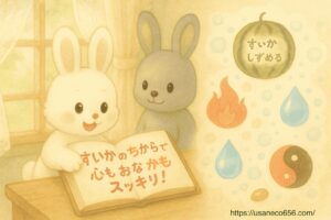 こまちちゃんがレシピノートを読みながら、前足でポイントを指さしている。目はキラキラと輝き、周囲には「火の氣をしずめるスイカ」「溶ける赤い炎」「冷たい水のしずく」「赤と黒の色の輪」「光るタネ」などがイラストの泡になって浮かんでいる。絵本のような、やさしい水彩の説明ページ。