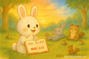 こまちちゃんが森の広場で夕焼け空を見上げながら微笑んでいる。手には「今日、スイカで開運した日!」と書かれた日記帳。後ろではめいたくんたちが草の上でくつろいでいる。