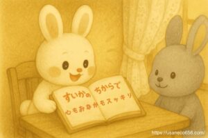 こまちちゃんが窓辺の木の机で古いレシピノートを開き、「すいかのちからで心もおなかもスッキリ!」の文字を見て驚いている。やわらかな日差しがページと毛並みにそっと差し込む。