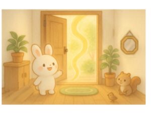 明るく整った玄関で笑顔の白いうさぎのぬいぐるみキャラクターが出迎える。玄関マットや観葉植物、小さな八角鏡が風水に沿って配置され、開運に良いとされる清潔で温かみのある玄関のアフター例