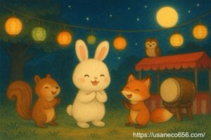 白うさぎのこまちちゃんがリスやキツネ、鳥たちと一緒に笑顔で集まり、提灯や太鼓が並ぶ森のおまつりで音を楽しんでいるにぎやかな場面。