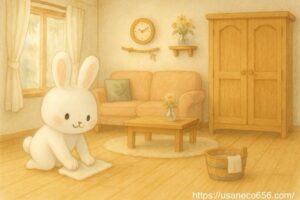 こまちちゃんがお掃除中、リビングの床を水拭きしている。やさしい光が差し込む部屋の中。