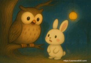 森の大きな楠の木の枝にとまるフクロウが、白いうさぎのこまちちゃんに優しく語りかけている夜の場面。提灯の灯りが静かに森を照らしている。