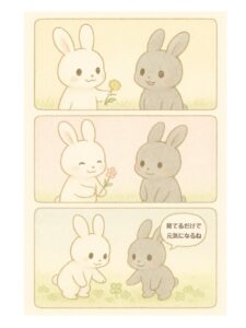 かわいい白うさぎのこまちちゃんと灰色うさぎのめい太くんが、黄色いタンポポ・ピンクのれんげ・四つ葉のクローバーを見つける3コマ漫画風イラスト