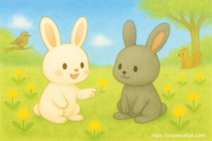 黄色いたんぽぽを指さして微笑む白いうさぎのこまちちゃんと、しゃがんで見つめる灰色うさぎのめいたくんのイラスト。森の中で風水に良い草花を探す絵本タッチのかわいい挿絵