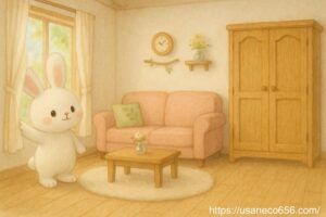 こまちちゃんがカーテンを開けて朝の風を感じている様子。やさしい光が差し込む部屋の中。