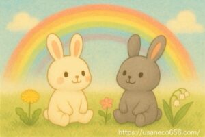 色とりどりのお花に囲まれて、虹を見上げている、白うさぎこまちちゃんと灰色うさぎめいたくん
