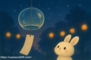 夕暮れの森で、透きとおるガラス風鈴が静かに揺れ、下の方で白いうさぎのこまちちゃんが見上げているイラスト