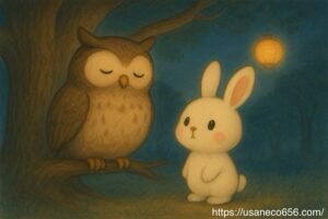 大きな楠の木にフクロウの長老が座り、隣で白いうさぎのこまちちゃんが耳を立てて不思議そうに見上げているイラスト