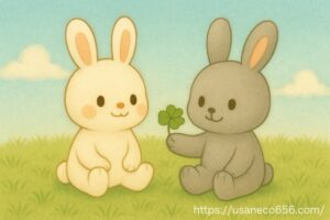 めいたくんが四つ葉のクローバーを見つけてこまちちゃんに差し出すイラスト