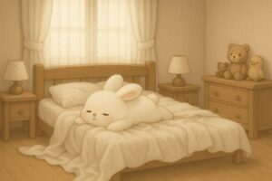 ベッドでだらけるこまちちゃん。部屋は暗く、カーテンが閉まっている。