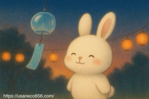 夕暮れの森で風鈴が鳴り始め、白いうさぎのこまちちゃんが笑顔で目を閉じる。背景には夕焼けと光る提灯が並ぶイラスト