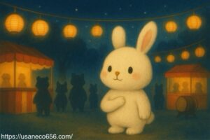 森のお祭り広場で屋台や太鼓、踊る動物たちが音のない不思議な雰囲気をまとい、白いうさぎのこまちちゃんが胸に手を当てて鼓動を感じているイラスト