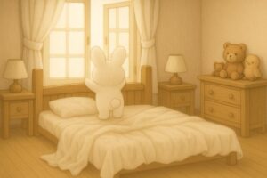 こまちちゃんが窓を開け、朝の光が差し込み風が吹きこむ。