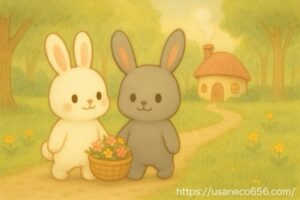 白いうさぎのこまちちゃんと灰色うさぎのめいたくんが、草花を入れたカゴを抱えて森の小道を歩き、遠くには丸い屋根と煙突のあるかわいい森のおうちが見えているイラスト。