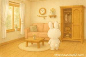 こまちちゃんがクローゼットの奥にある古い持ち物を見つけて、なつかしそうにしている場面。