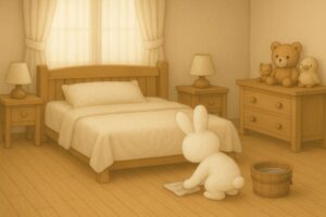 小さなふきんで床をふくこまちちゃん。真剣な表情で玄関まわりを掃除している。