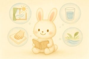 風水Tipsが泡のように浮かぶイラスト。こまちちゃんが笑顔でノートを開いている。