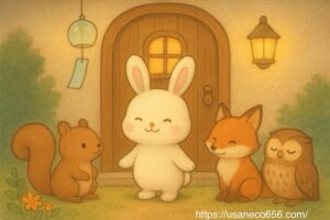 玄関前にこまちちゃんと森の仲間(りす、きつね、フクロウ)が並んで楽しそうにしている。