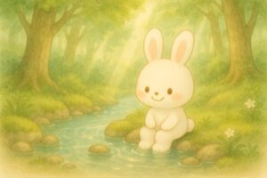 こまちちゃんが小川で足をちゃぷちゃぷ。木陰の涼しげな風景。