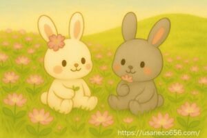 こまちちゃんとめいたくんがれんげ草畑で花を摘むイラスト