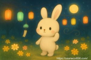 夕暮れの森で、おまつりがはじまっているのにまったく音がしないから、不思議な顔をしている白いうさぎのこまちちゃん