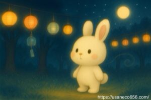 満月の夜、静かな森のお祭り広場で風鈴が揺れる中、白いうさぎのこまちちゃんが耳をすませて立っているイラスト