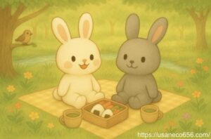 木漏れ日の森で、白いうさぎのこまちちゃんと灰色うさぎのめいたくんがレジャーシートを広げてピクニックを楽しむイラスト。お弁当にはおにぎりやにんじんクッキー、ハーブティーが並び、小川や草花、小鳥も描かれたやさしい絵本風の風景