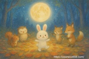 夢の中で落ち葉の上で踊る森のどうぶつたち｜月明かりに照らされる秋の幻想的な情景