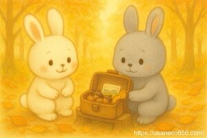 切り株に座っためいたくんが古いかばんを開け、どんぐりや絵ハガキ、小さなスカーフを見せている。こまちちゃんが横から覗き込む風水の物語イラスト