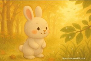 こまちちゃんが夕暮れの森の風のにおいを感じている様子のイラスト