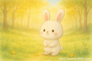 朝の森で季節の変化を感じるこまちちゃんのイラスト