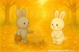秋の落ち葉が敷き詰められたやさしの森の小道で、白いうさぎのこまちちゃんと灰色のめいたくんが出会う絵本風イラスト
