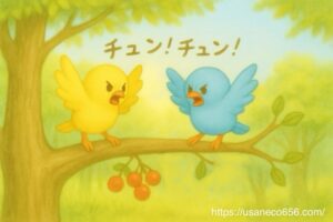 大きな木の枝の上で黄色と水色の小鳥が赤い実を取り合い喧嘩している森の絵本風イラスト｜翼を広げ険しい表情の小鳥たちと木漏れ日の爽やかな背景