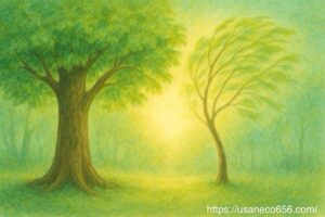 太い幹で力強く枝を広げる木と、細くしなやかに風に揺れる木が並び、森の奥からの光に優しく照らされる絵本風のイラスト