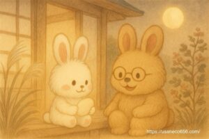 よしのおばあちゃんがこまちちゃんに丸い紙を手渡すシーンのイラスト