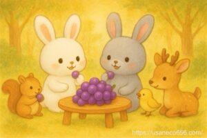ぶどうを分け合うこまちちゃんとめいたくんたち｜やさしいパステル調の森のイラスト