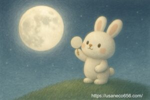 こまちちゃんが満月に向かって紙をかざしている幻想的な丘のシーン