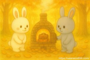 森のはずれの小さな焼却炉で古いかばんを手放すめいたくんと、優しく見守るこまちちゃん。秋の落ち葉と夕日の中で描かれた風水のお別れのイラスト"