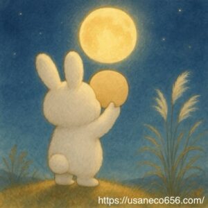 こまちちゃんが紙を月にかざして未来を見つめているシーンのイラスト